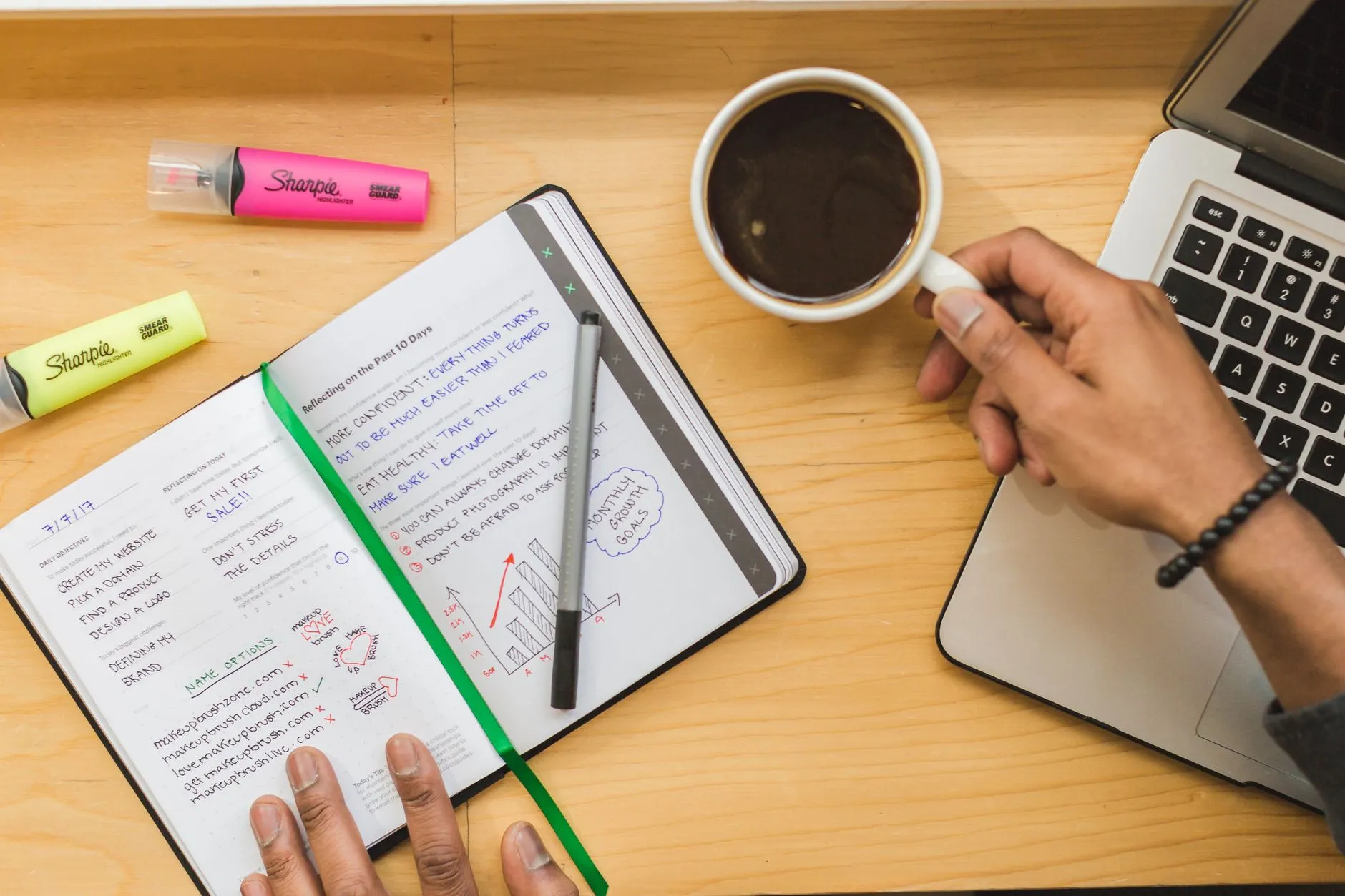 Tampak atas seseorang bekerja dengan buku catatan, kopi, dan laptop di meja kayu.